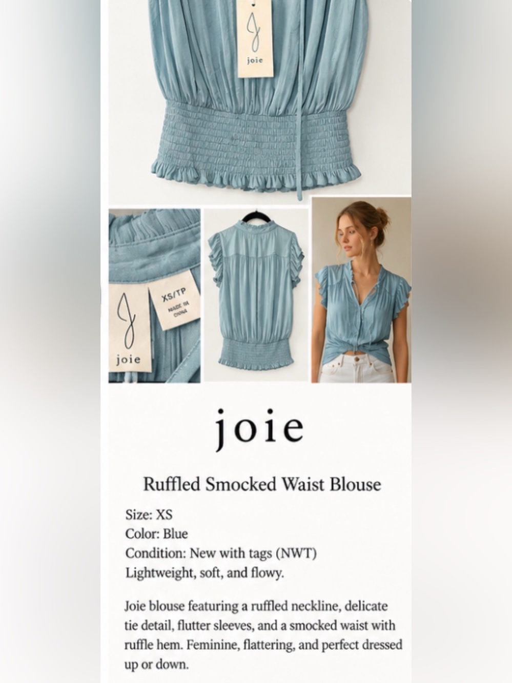 Joie Dusty Blue Ruffled Smocked-Waist Blouse